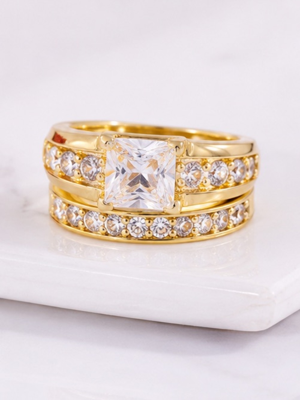 Gold-Tone Cubic Zirconia Engagement Wedding Bridal Ring & Band Set Jewelry
